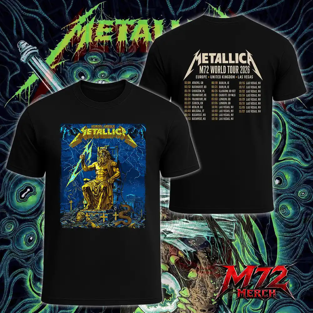 Metallica M72 World Tour May 9 2026 Athens Olympic Stadium Zeus Thunder two sided T-Shirt artwork