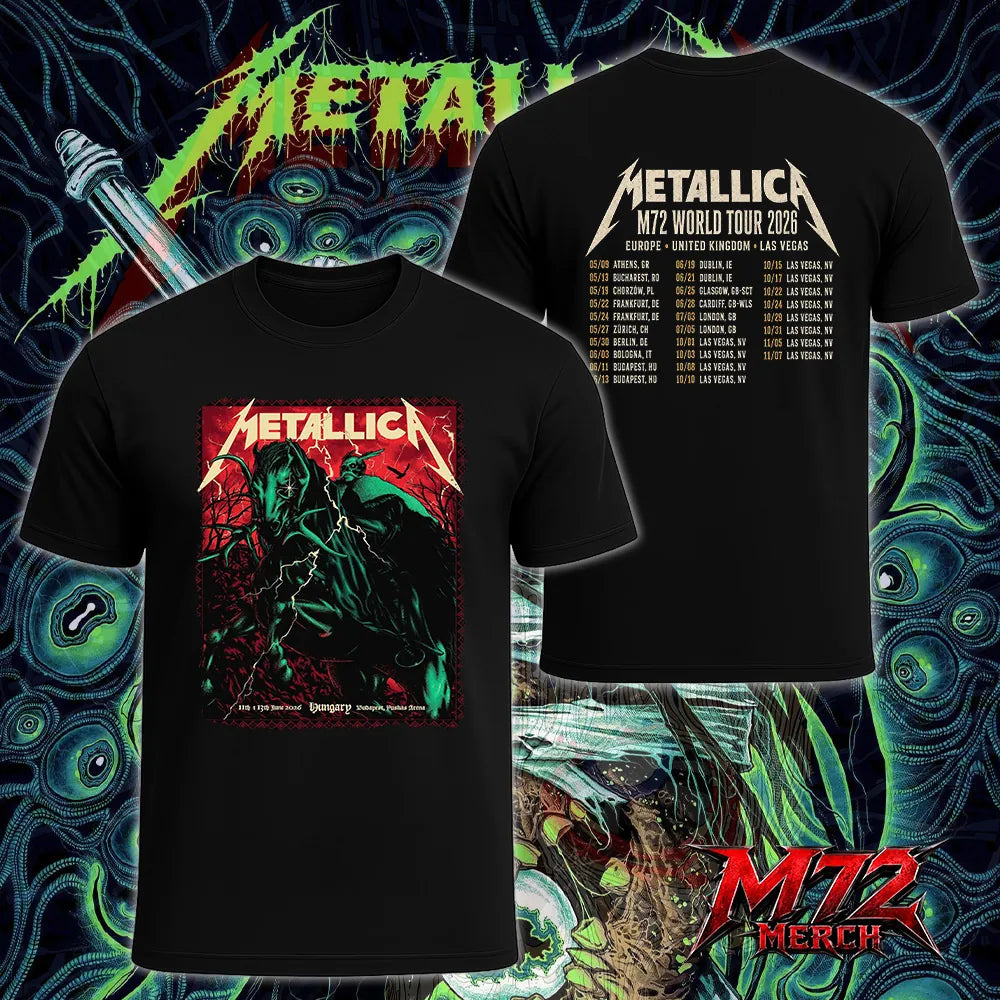 Metallica World Tour M72 June 11 & 13 2026 Budapest Hungary Puskás Aréna Horseman Lightning Two Sided T-Shirt