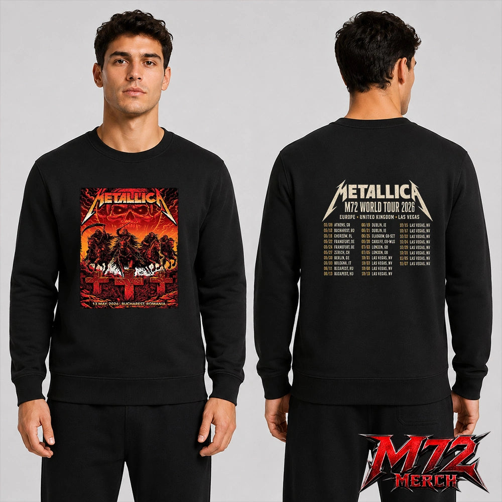 Metallica M72 World Tour May 13 2026 Bucharest Arena Națională Four Horsemen Skull two sided Sweatshirt artwork