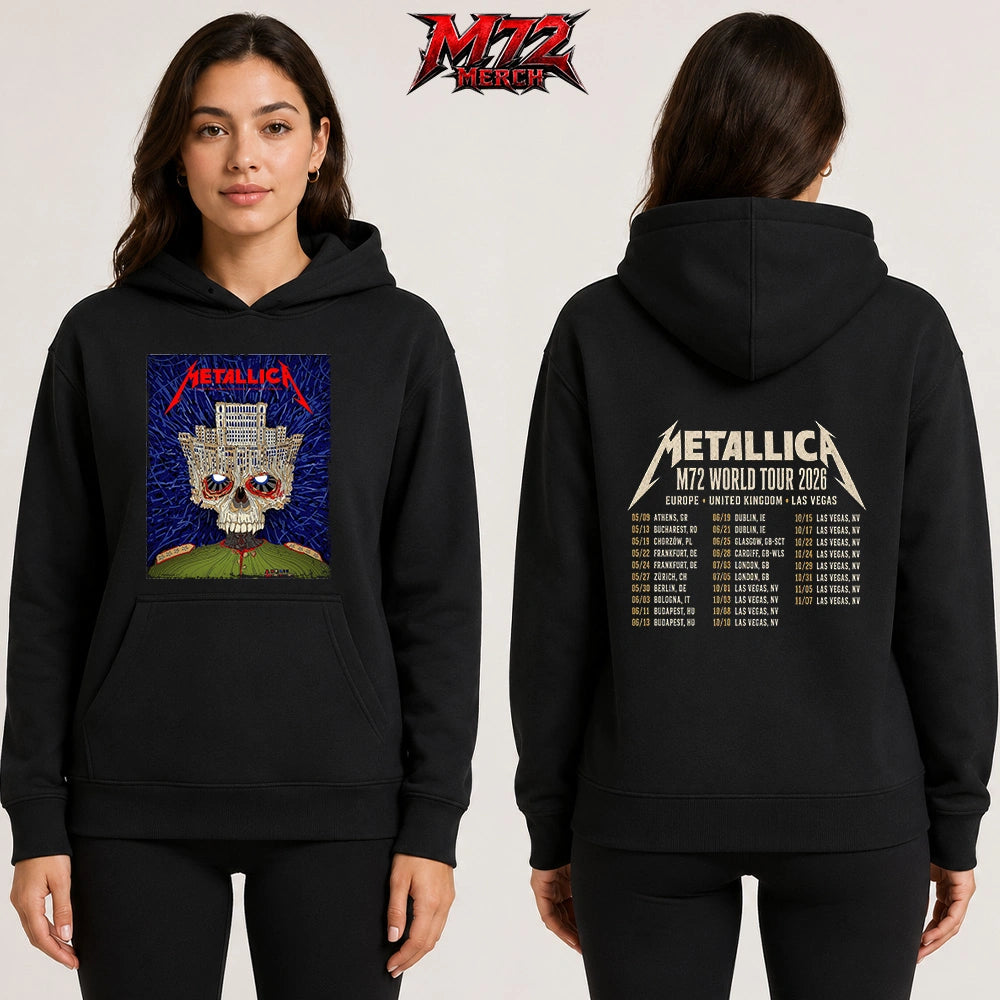 Shop a Metallica M72 World Tour May 13 2026 Bucharest inspired Palace Skull two sided Hoodie with Arena Națională concert artwork.