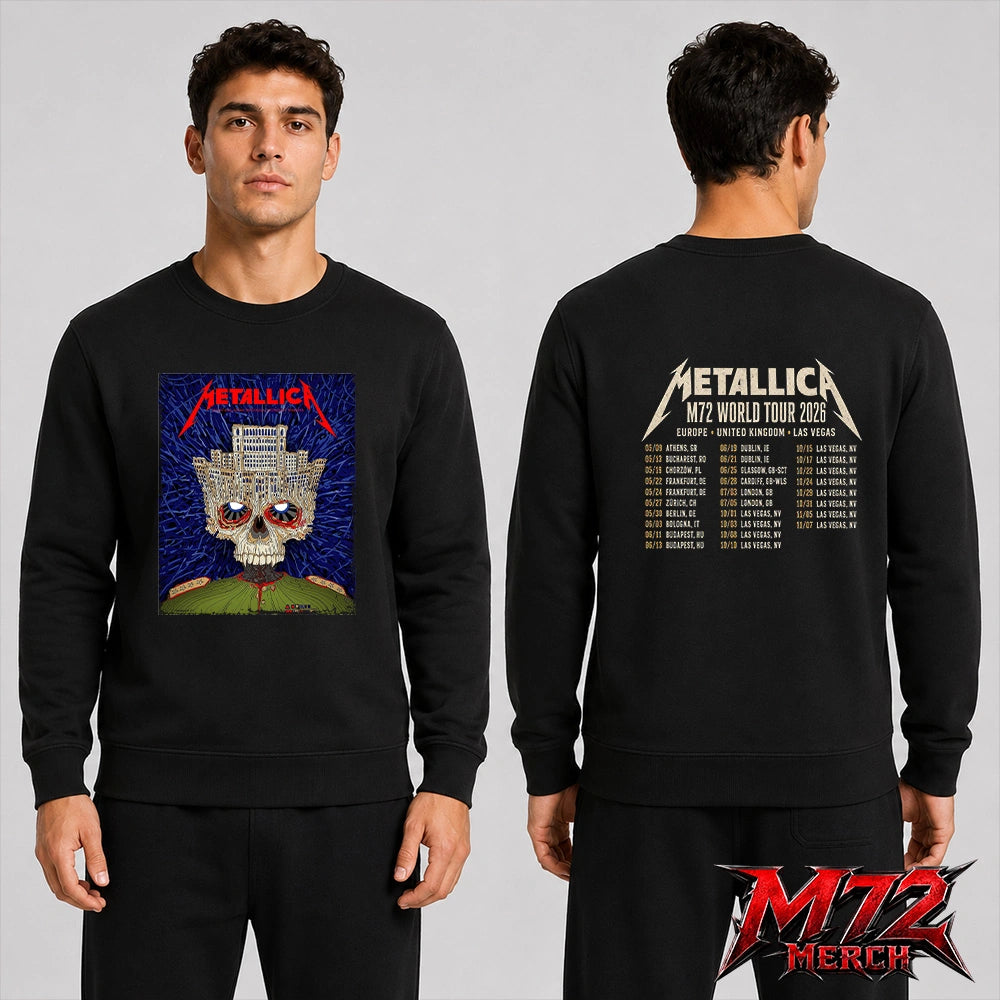Shop a Metallica M72 World Tour May 13 2026 Bucharest inspired Palace Skull two sided Sweatshirt with Arena Națională concert artwork.