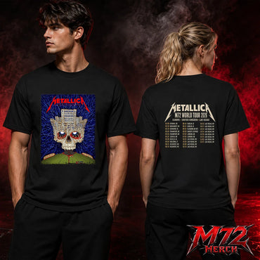 Shop a Metallica M72 World Tour May 13 2026 Bucharest inspired Palace Skull two sided T-Shirt with Arena Națională concert artwork.