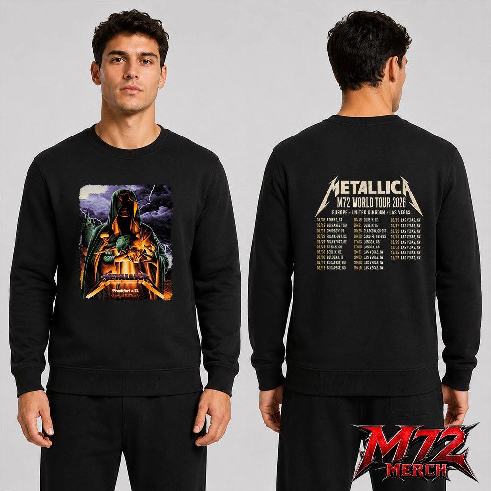 Metallica World Tour M72 May 22 2026 Frankfurt Germany Deutsche Bank Park Cloaked Skull Storm Two Sided Sweatshirt