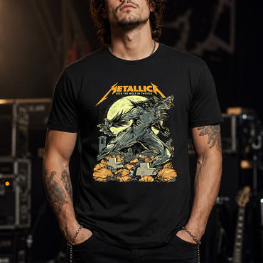 Metallica 2026 Halloween T-shirt by WolfSkullJack featuring a roaring werewolf beneath a full moon with pumpkins, graveyard crosses, bats and Seek The Wolf In Thyself artwork.