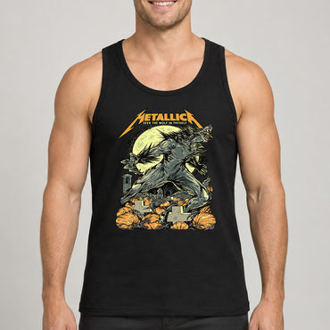 Metallica 2026 Halloween T-shirt by WolfSkullJack featuring a roaring werewolf beneath a full moon with pumpkins, graveyard crosses, bats and Seek The Wolf In Thyself artwork.
