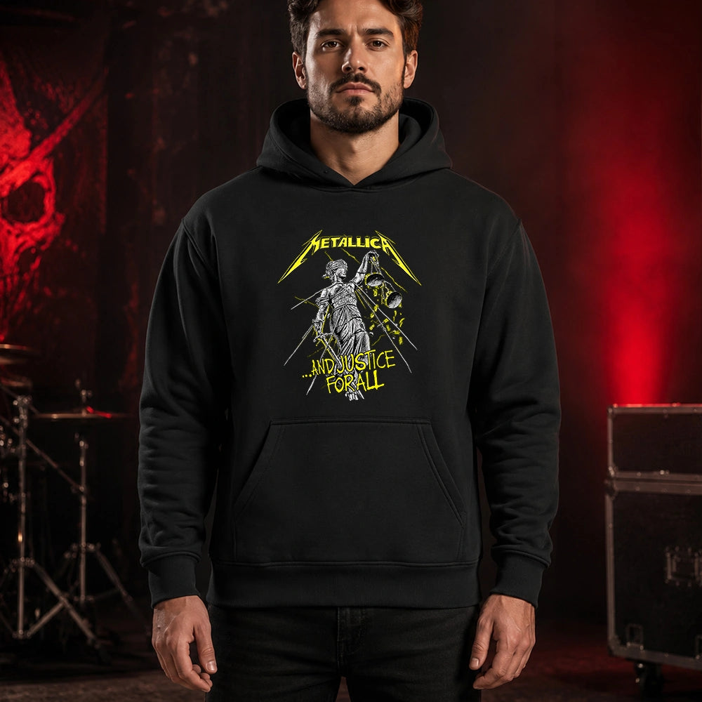 Metallica ...And Justice For All T-shirt featuring blindfolded Lady Justice holding scales and sword with distressed yellow Metallica logo on a black shirt.