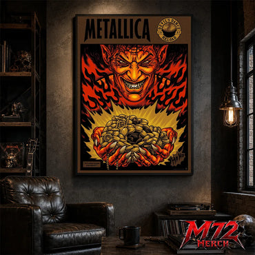 Metallica Devil's Dance Reload 1997 poster canvas featuring a sinister demon surrounded by flames, mysterious relics, treasure, vintage heavy metal artwork, and classic Reload era design