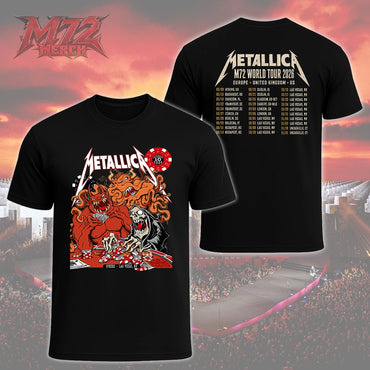 Metallica Life Burns Faster October 10 2026 Sphere Las Vegas United States 2 Side T-Shirt featuring a casino demon, screaming grim reaper, tentacles, poker chips and playing cards.