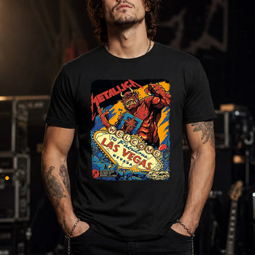 Metallica Life Burns Faster October 1 and 3 2026 Sphere Las Vegas Nevada United States T-shirt by Puis Calzada featuring a giant red demon destroying the Welcome to Fabulous Las Vegas sign amid rubble, flames and skulls.