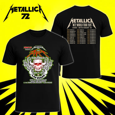 Metallica Life Burns Faster October 2 2026 The Stadium at The Palazzo Las Vegas United States 2 side T-shirt by Squindo featuring The Art of Squindo skull, curling tentacles, red graphics, electric green details and event-inspired back print.