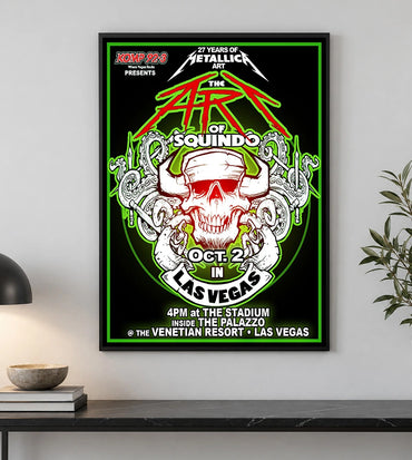 Metallica Life Burns Faster October 2 2026 The Stadium at The Palazzo Las Vegas United States poster canvas by Squindo featuring The Art of Squindo skull, curling tentacles, red graphics and electric green details.