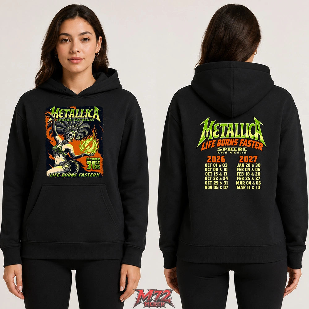 Metallica Life Burns Faster October 31 2026 Sphere Las Vegas United States 2 Side T-Shirt by Mark5 featuring Halloween Showgirl skeleton artwork with green flames on the front and Sphere Las Vegas 2026–2027 residency dates on the back.