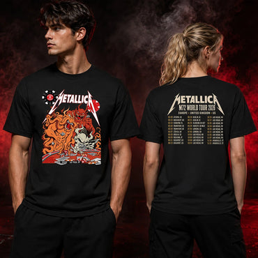 Metallica Life Burns Faster October 8 2026 Sphere Las Vegas United States 2 Side T-Shirt featuring casino demons, orange tentacles, poker chips, playing cards and skull artwork with a Metallica tour-inspired back print.