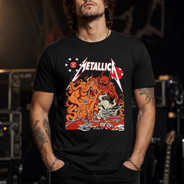 Metallica Life Burns Faster October 8 2026 Sphere Las Vegas United States T-shirt featuring casino demons, orange tentacles, poker chips, playing cards and skull artwork.