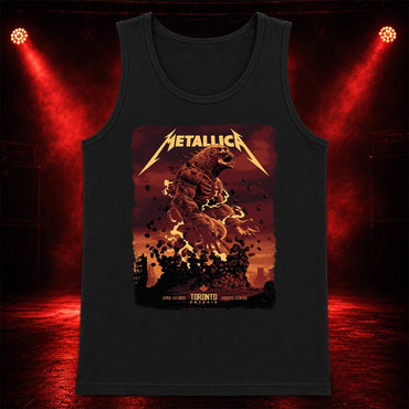 Metallica M72 World Tour April 24 2025 Rogers Centre Toronto Ontario Canada T-shirt by John Guydo featuring a roaring beast rising from shattered rubble with flying debris, fiery red-orange sky and Toronto event text.
