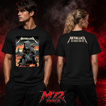 Metallica M72 World Tour July 3 2026 London Stadium London England 2 side T-shirt by Luke Preece featuring a front Grim Reaper Rats design with Tower Bridge and a back Metallica M72 World Tour 2026 logo print.