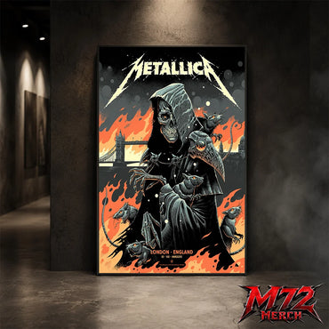 Metallica M72 World Tour July 3 2026 London England poster canvas by Luke Preece showing a hooded skeletal grim reaper, rats, Tower Bridge, fiery skyline and London event text.