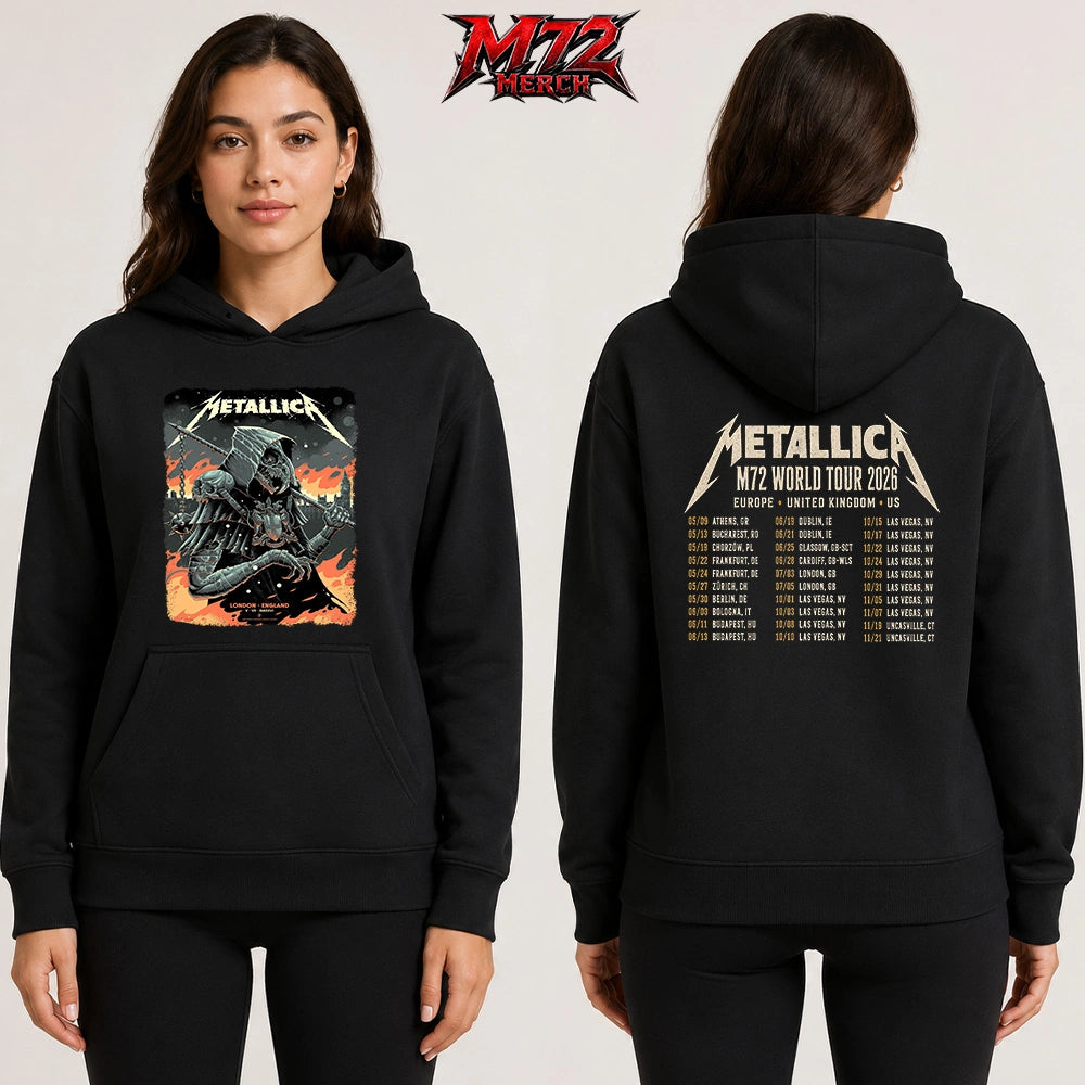 Metallica M72 World Tour July 5 2026 London Stadium London England 2 side Hoodie by Luke Preece featuring an armored hooded reaper with skull face, spiked mace, Big Ben skyline, flames and London event text.