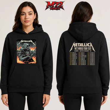 Metallica M72 World Tour July 5 2026 London Stadium London England 2 side Hoodie by Luke Preece featuring an armored hooded reaper with skull face, spiked mace, Big Ben skyline, flames and London event text.