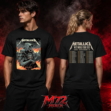 Metallica M72 World Tour July 5 2026 London Stadium London England 2 side T-shirt by Luke Preece featuring an armored hooded reaper with skull face, spiked mace, Big Ben skyline, flames and London event text.