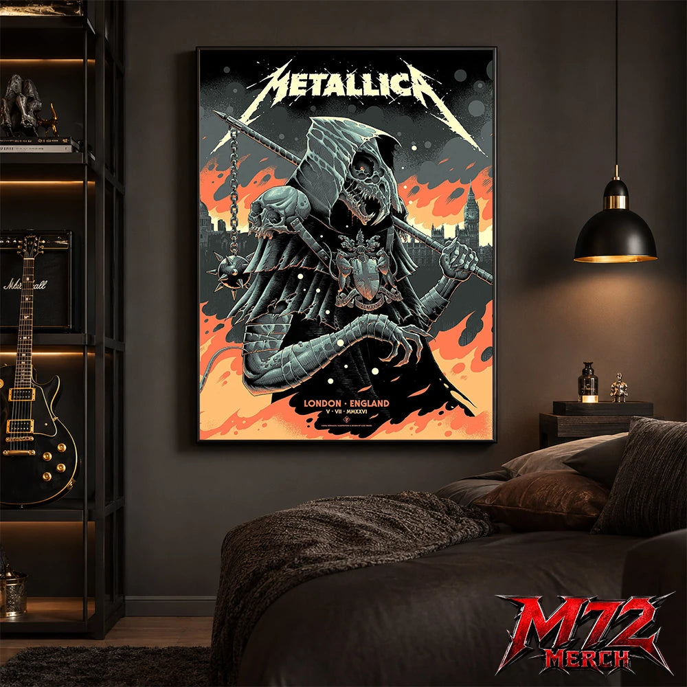 Metallica M72 World Tour July 5 2026 London Stadium London England poster canvas by Luke Preece showing an armored hooded reaper with skull face, spiked mace, pole weapon, Big Ben skyline, flames and London event text.