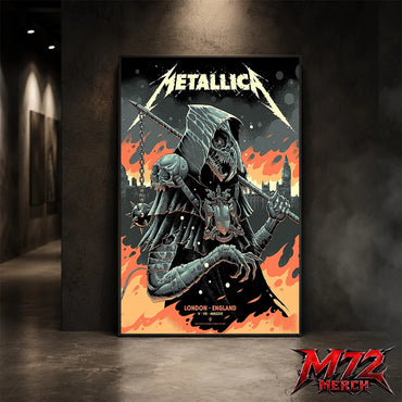 Metallica M72 World Tour July 5 2026 London Stadium London England poster canvas by Luke Preece showing an armored hooded reaper with skull face, spiked mace, pole weapon, Big Ben skyline, flames and London event text.