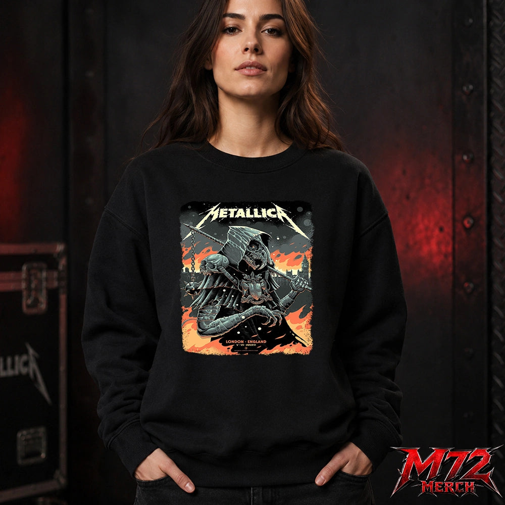 Metallica M72 World Tour July 5 2026 London Stadium London England sweatshirt by Luke Preece featuring an armored hooded reaper with skull face, spiked mace, pole weapon, Big Ben skyline, flames and London event text.