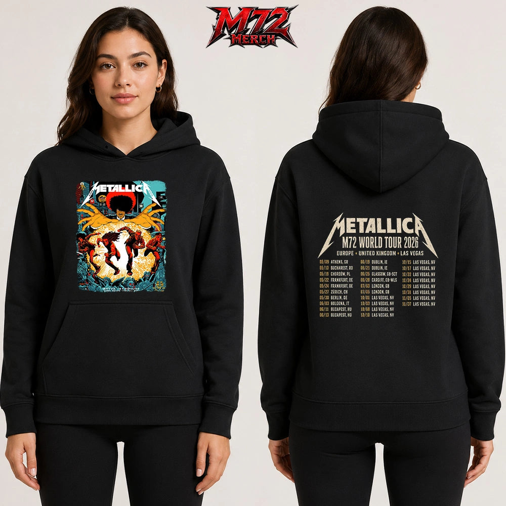Metallica M72 World Tour June 19 2026 Dublin Ireland Aviva Stadium two sided Hoodie featuring Chase Scene Artwork with running band figures, mysterious hands, Dublin city details, statues, gothic characters, and explosive orange energy