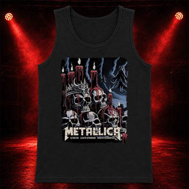 Metallica M72 World Tour June 20 2025 Levi's Stadium Santa Clara California United States T-shirt by Brandon Heart featuring skulls, melting red candles, a horned skull altar, ghostly cloaked figures, dark smoke and Santa Clara event text.