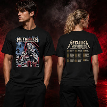Metallica M72 World Tour June 22 2025 Levi's Stadium Santa Clara California United States 2 side T-shirt by Brandon Heart featuring a skull-faced priestess in a red hood, melting red candles, skulls, ghostly cloaked figures, full moon and M72 tour back print.