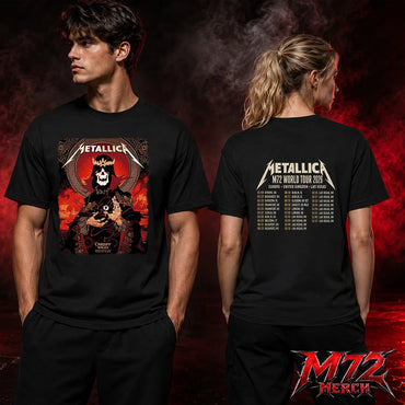 Metallica M72 World Tour June 28 2026 Cardiff Wales Principality Stadium two sided T-Shirt featuring Grim King Artwork by Peter Diamond with a crowned skeleton, Celtic knotwork, medieval castle, Viking ships, ornate robes, fiery sky, and gothic heavy metal artwork