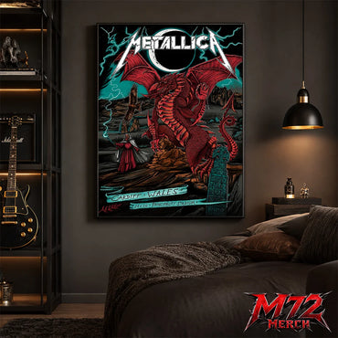 Metallica M72 World Tour June 28 2026 Cardiff Wales Principality Stadium poster canvas featuring Red Dragon Artwork by The Duchess Of Dark with a crimson Welsh dragon, solar eclipse, lightning, Celtic standing stones, mountain landscape, raven, mysterious sorcerer, and fantasy heavy metal artwork