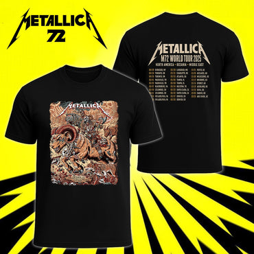 Metallica M72 World Tour June 29 2025 Empower Field At Mile High Denver Colorado United States 2 side T-shirt by Juan Ma Orozco featuring a skull-faced warrior riding a horned beast, wolves, skulls, bones, rocky mountains and M72 tour back print.