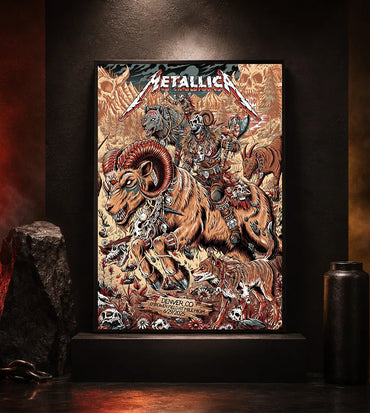 Metallica M72 World Tour June 29 2025 Empower Field At Mile High Denver Colorado United States poster canvas by Juan Ma Orozco featuring a skull-faced warrior riding a horned beast, wolves, skulls, bones, flowers, rocky mountains and Denver event text.