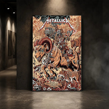 Metallica M72 World Tour June 29 2025 Empower Field At Mile High Denver Colorado United States poster canvas by Juan Ma Orozco featuring a skull-faced warrior riding a horned beast, wolves, skulls, bones, flowers, rocky mountains and Denver event text.