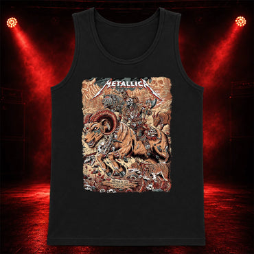 Metallica M72 World Tour June 29 2025 Empower Field At Mile High Denver Colorado United States T-shirt by Juan Ma Orozco featuring a skull-faced warrior riding a horned beast, wolves, skulls, bones, flowers, rocky mountains and Denver event text.