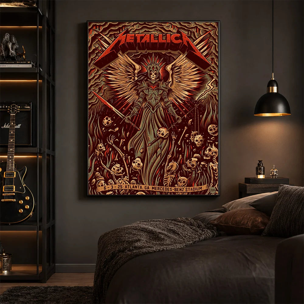 Metallica M72 World Tour June 3 2025 Mercedes-Benz Stadium Atlanta Georgia United States poster canvas by Dave Quiggle featuring a winged skeletal queen with a spiked crown, skull-tipped weapons, skulls, bones, flames and Atlanta event text.