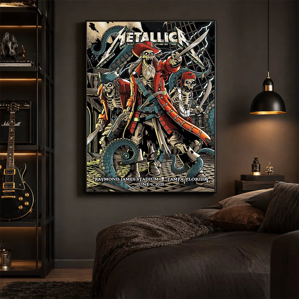 Metallica M72 World Tour June 6 2025 Raymond James Stadium Tampa Florida United States poster canvas by Andrew Cremeans featuring a skeletal pirate captain, undead crew members, swords, giant tentacles, lightning, ship rigging and Tampa event text.