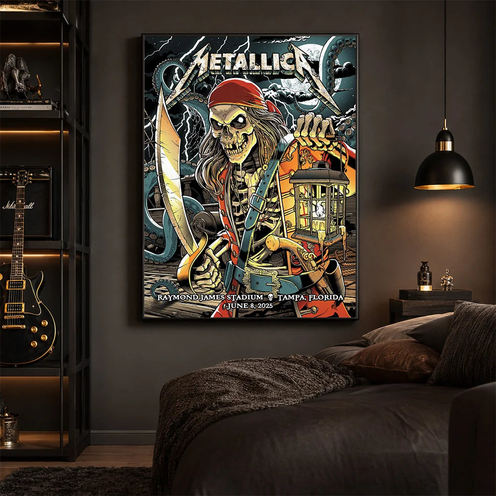 Metallica M72 World Tour June 8 2025 Raymond James Stadium Tampa Florida United States poster canvas featuring a skeletal pirate captain with a lantern and cutlass, giant tentacles, lightning, full moon and Tampa event text.