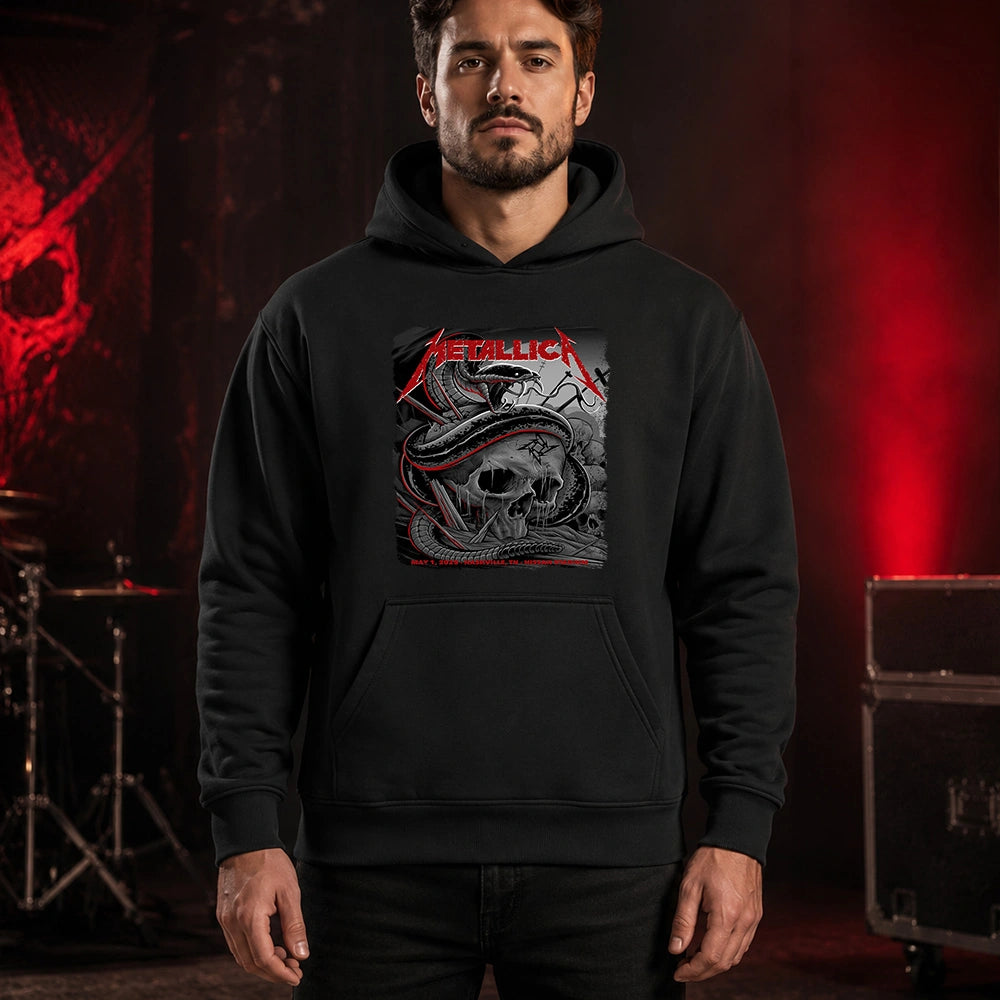 Metallica M72 World Tour May 1 2025 Nissan Stadium Nashville Tennessee United States T-shirt by Maxx242 featuring a coiled black serpent wrapped around a weathered skull with graveyard silhouettes and Nashville event text.