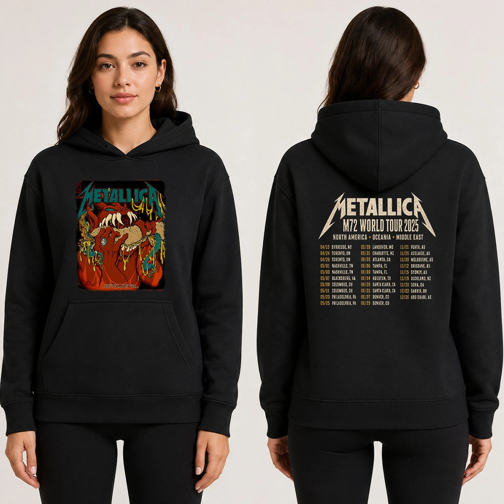 Metallica M72 World Tour May 23 2025 Lincoln Financial Field Philadelphia Pennsylvania United States 2 side T-shirt by Squindo featuring a snarling red creature with giant fangs, red hands, blue-green tentacles, dripping yellow slime and M72 tour back print.