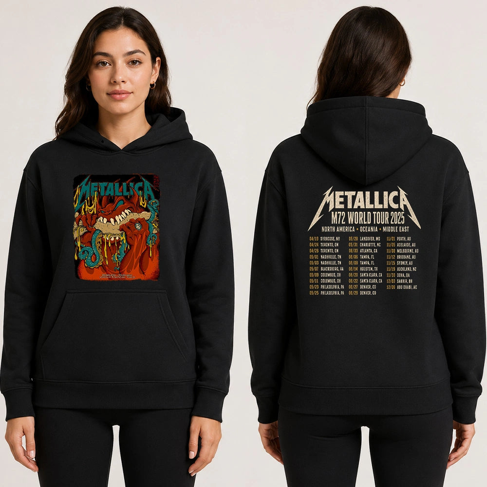 Metallica M72 World Tour May 25 2025 Lincoln Financial Field Philadelphia Pennsylvania United States 2 side T-shirt by Squindo featuring a monstrous fanged creature with red hands, blue-green tentacles, dripping yellow slime and M72 tour back print.