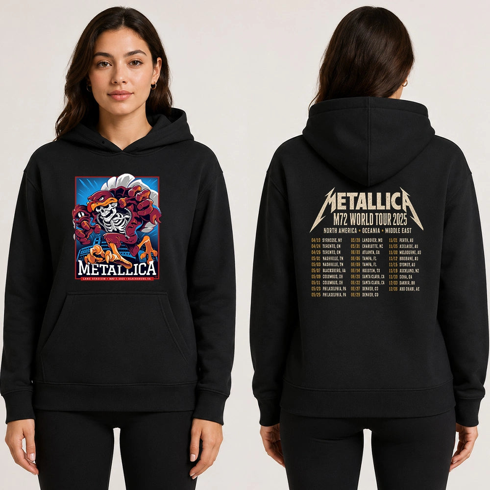 Metallica M72 World Tour May 7 2025 Lane Stadium Blacksburg Virginia United States 2 side T-shirt by Moe Dime featuring a charging bird mascot creature with a skeleton chest, sharp talons, stadium backdrop and M72 tour back print.