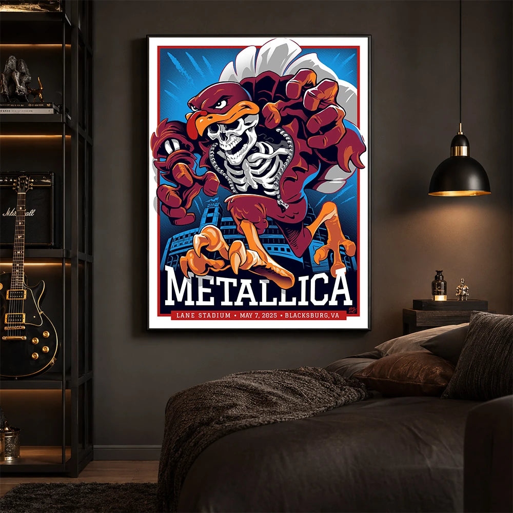 Metallica M72 World Tour May 7 2025 Lane Stadium Blacksburg Virginia United States poster canvas by Moe Dime featuring a charging bird mascot creature with a skeleton chest, sharp talons, stadium backdrop and Blacksburg event text.