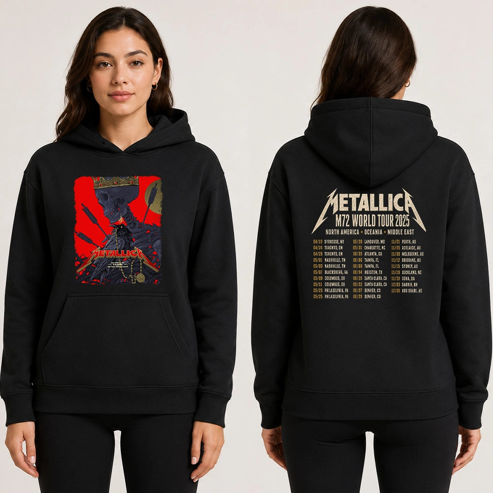 Metallica M72 World Tour May 9 2025 Historic Crew Stadium Columbus Ohio United States 2 side T-shirt by Vance Kelly featuring a crowned skeleton, black raven, arrows, thorny roots, gold medallion and M72 tour back print.