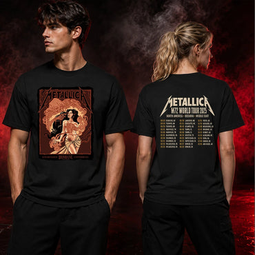 Metallica M72 World Tour November 12 2025 Suncorp Stadium Brisbane Australia 2 side T-shirt by Teniele Sadd featuring a gothic female figure, skeletal hand, ribcage detail, skull-like creature, ornate smoke forms and M72 tour back print.