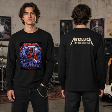 Metallica M72 World Tour November 15 2025 Accor Stadium Sydney Australia 2 side T-shirt by Blair Sayer featuring a hooded skeletal reaper, birds of prey, full moon, lightning, twisted trees and Sydney event text.
