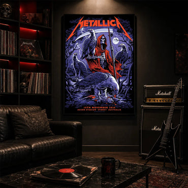 Metallica M72 World Tour November 15 2025 Accor Stadium Sydney Australia poster canvas by Blair Sayer featuring a hooded skeletal reaper, birds of prey, full moon, lightning, twisted trees and Sydney event text.