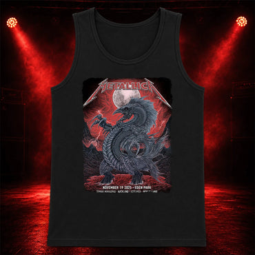 Metallica M72 World Tour November 19 2025 Eden Park Auckland New Zealand Tank top by Mr. Wolf featuring a taniwha raven creature, full moon, red storm clouds, lightning, mountains and Auckland event text.