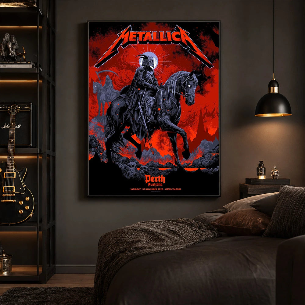 Metallica M72 World Tour November 1 2025 Optus Stadium Perth Australia poster canvas by Ken Taylor featuring a skeletal rider on a black horse, ghostly scythe rider, red smoke, skulls, rocks and Perth event text.